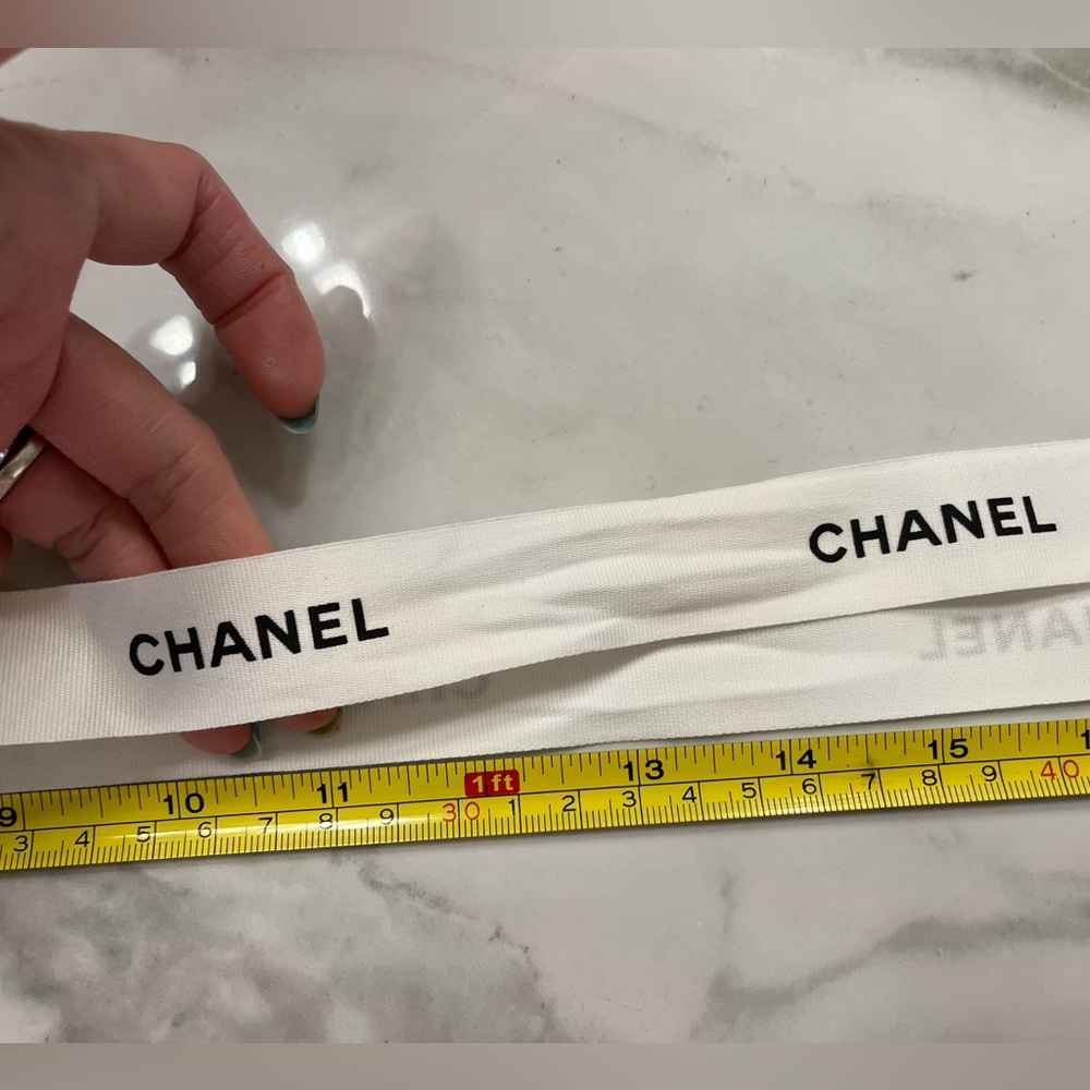 CHANEL White Grosgrain Ribbon with Black Logo